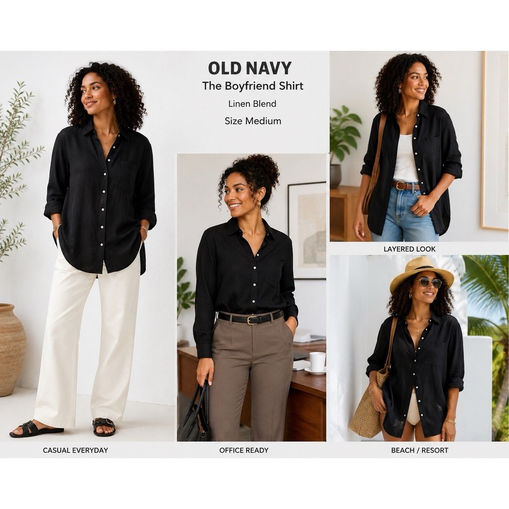 Old Navy Linen Blend Boyfriend Shirt Sz M, Black, Long Sleeve, Relaxed Fit